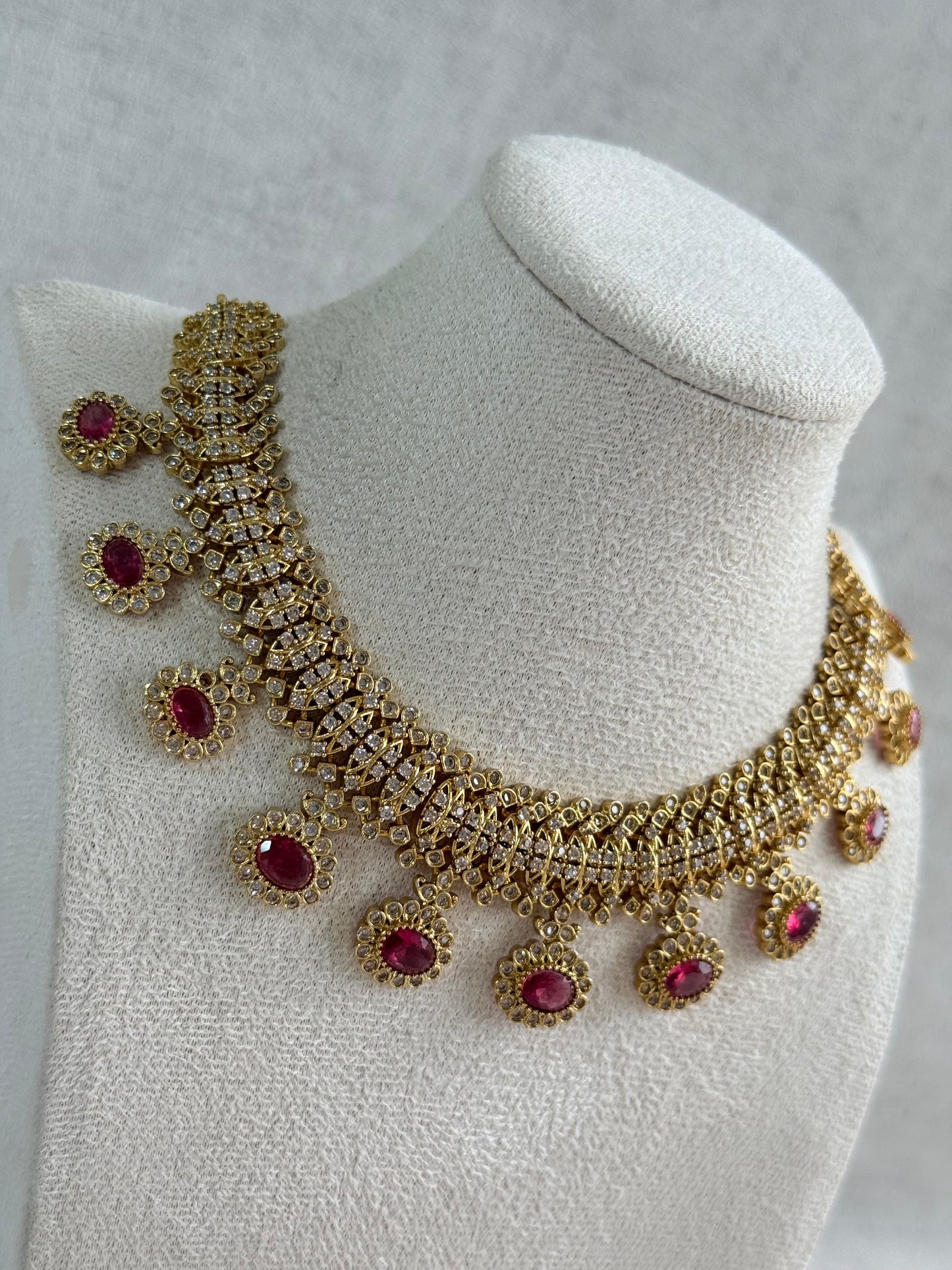 Ayura Designs Elisha Necklace Set with Earrings – Rani Pink & Crystal Stone Detailing