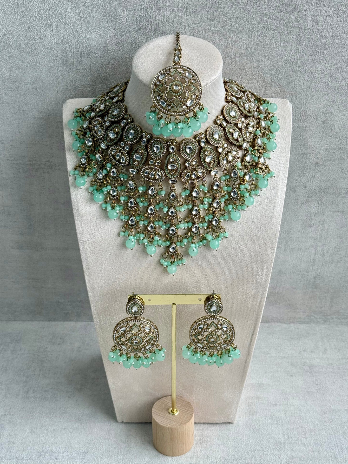 Ayura is Designs Tanya Bridal Set with Necklace, Earrings & Tikka – Pistachio Mint Beads, Mirror-Cut Stones and Antique Gold Finish