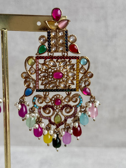 Ayura Designs Arwa Earrings – Antique Gold Finish with Multicolour Stones & Pearl Detailing