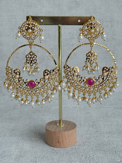 Ayura Designs Arshi Chandbalis – Gold Jadau Ruby Pink & Ivory Pearl Detailing