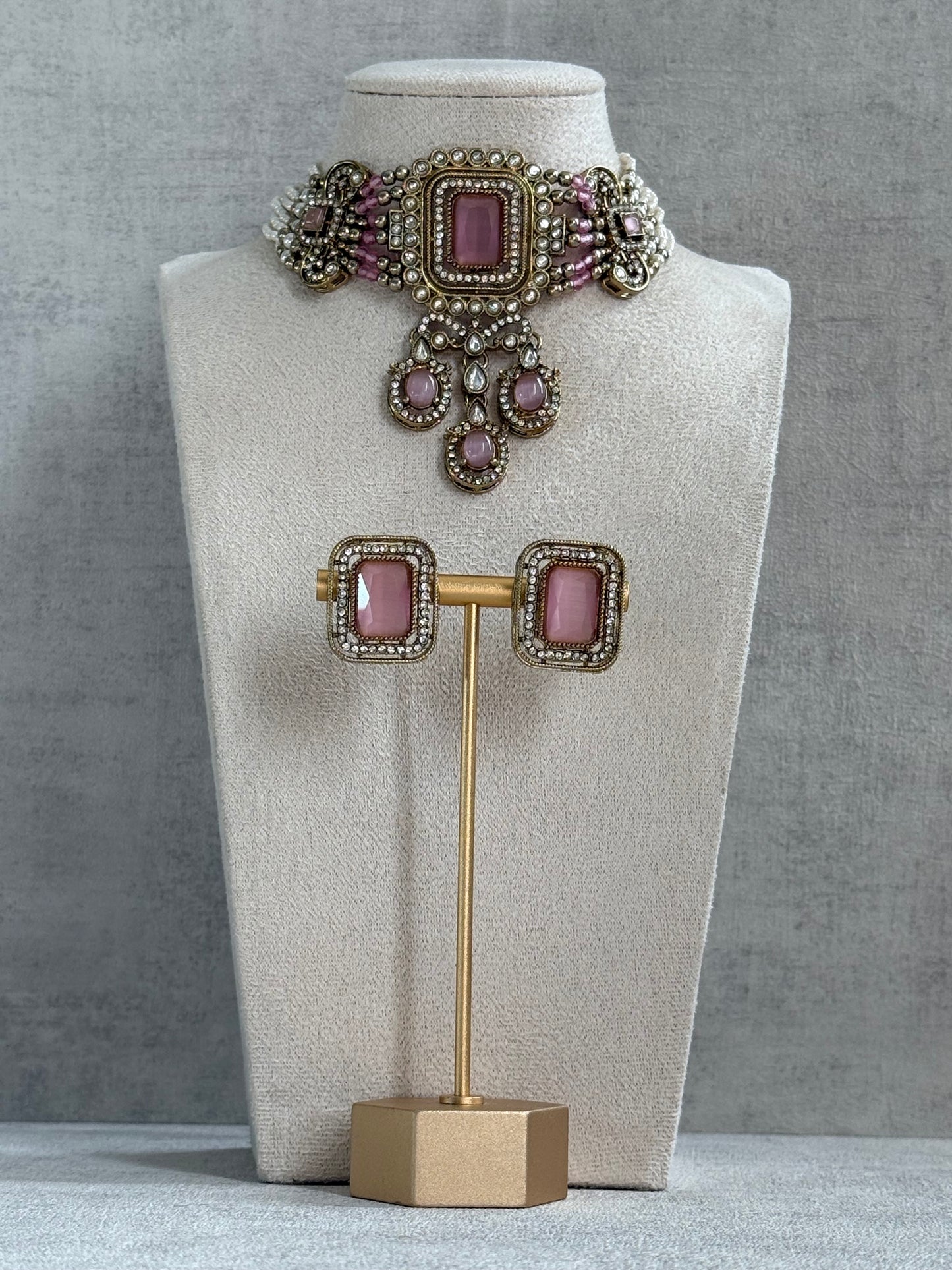 Ayura Designs Nabiha Choker Set with Studs – Blush Pink Stones, Pearl Detailing & Antique Gold Finish