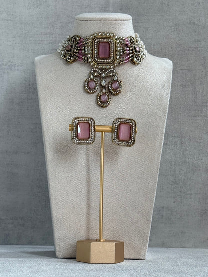 Ayura Designs Nabiha Choker Set with Studs – Blush Pink Stones, Pearl Detailing & Antique Gold Finish
