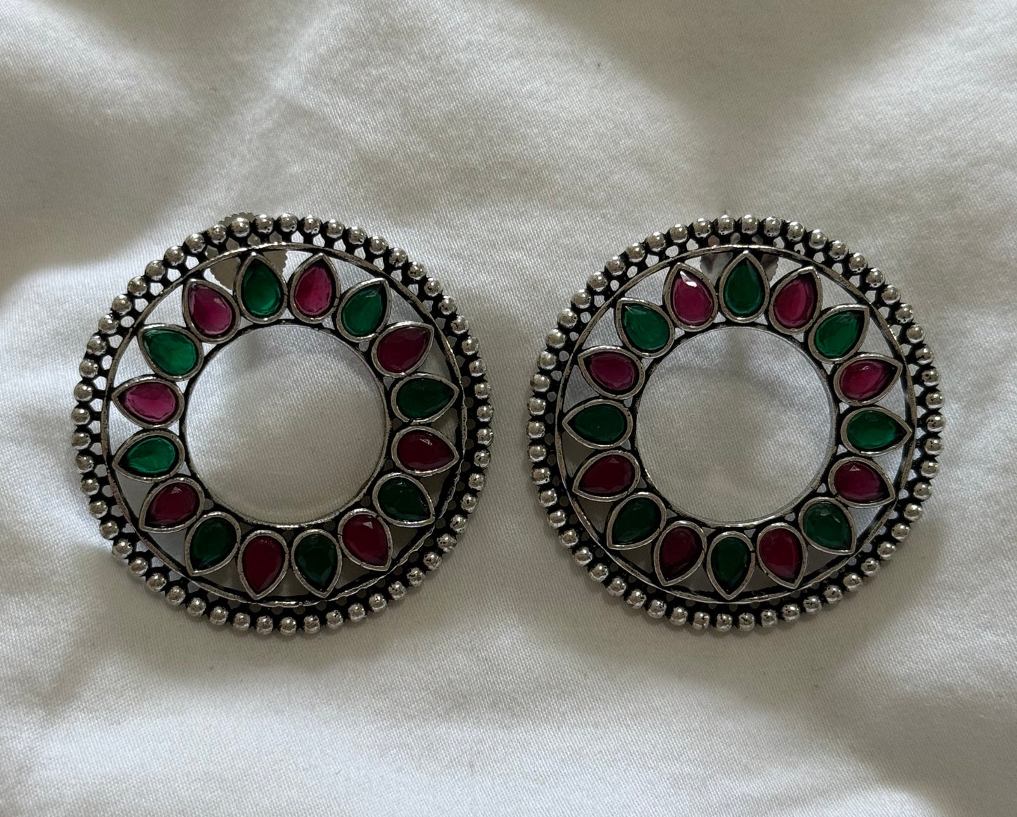 Ayura Designs Kesar Studs – Statement Oxidised Stud Earrings with Ruby Pink & Emerald Stones