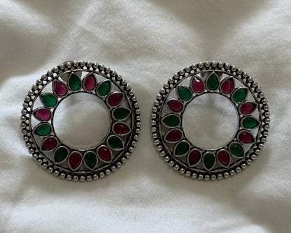 Ayura Designs Kesar Studs – Statement Oxidised Stud Earrings with Ruby Pink & Emerald Stones