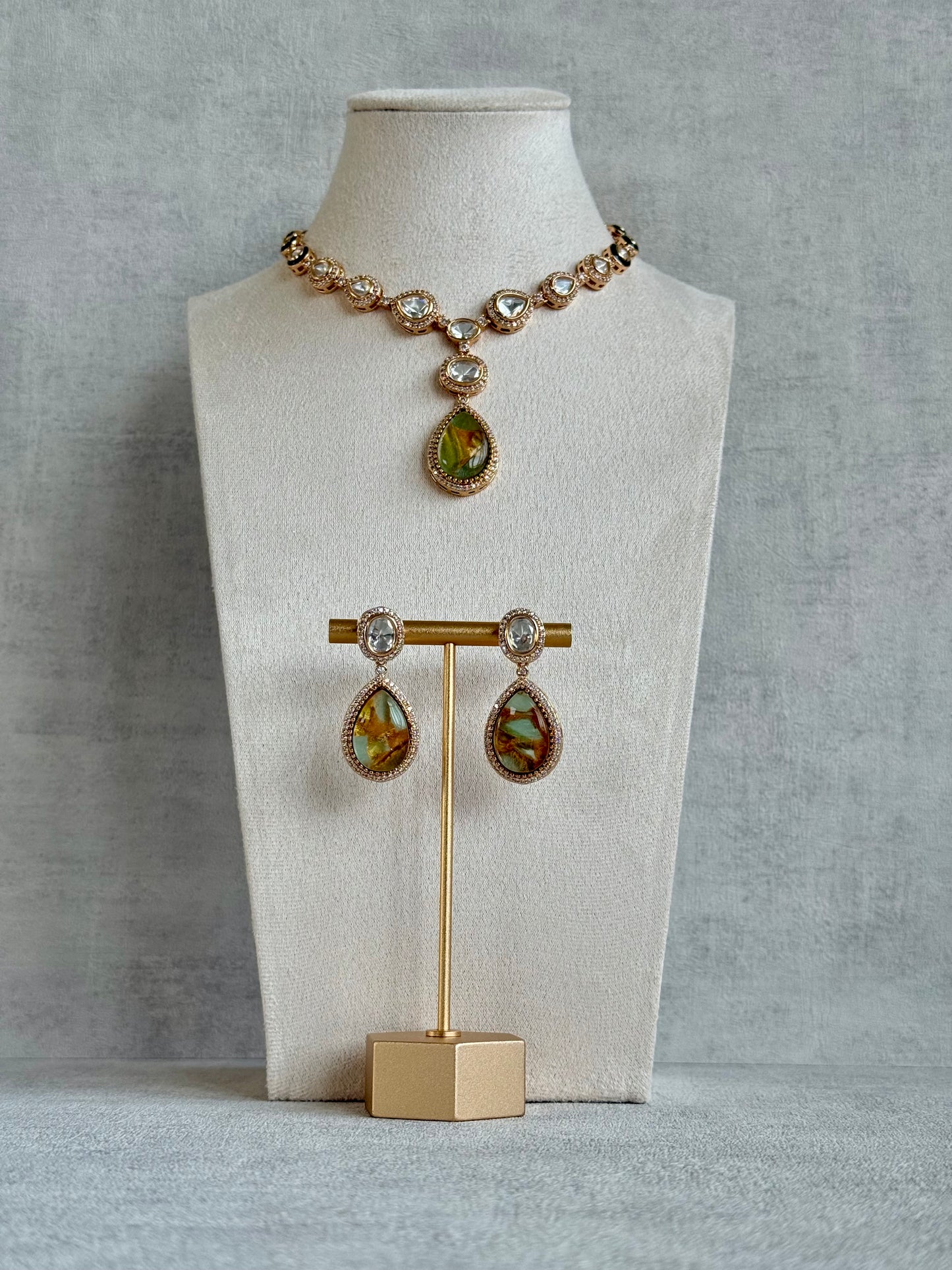 Ayura Designs Lilly Necklace Set with Earrings – Moissanite Stones with Marble Green Teardrop Pendant & Crystal Detailing