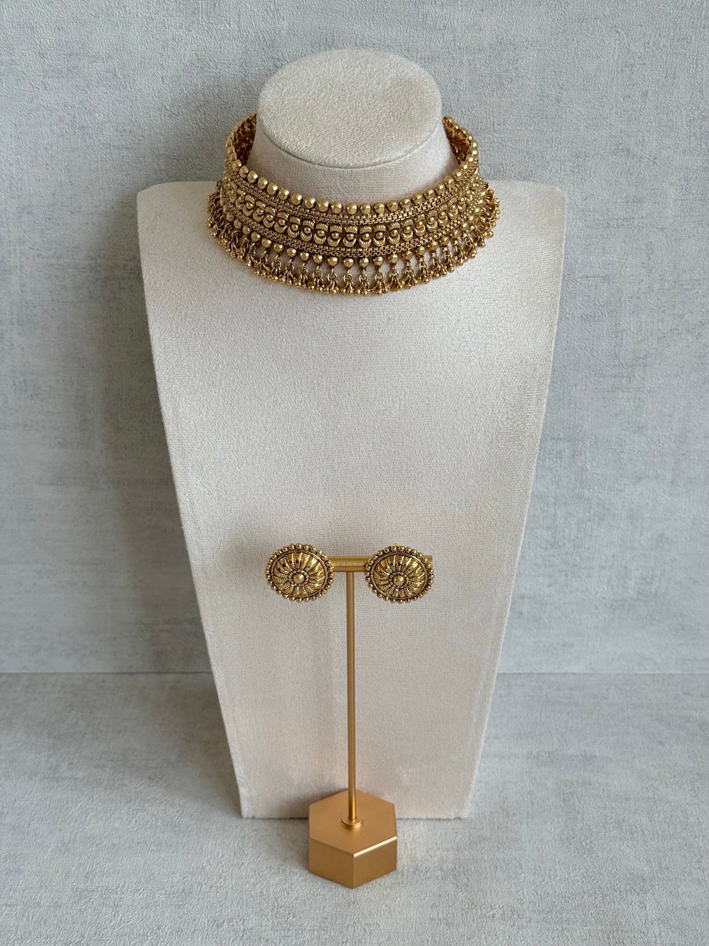 Ayura Designs Tavnoor Choker Set with Stud Earrings – Antique Gold Statement Choker with Traditional Bead Detailing