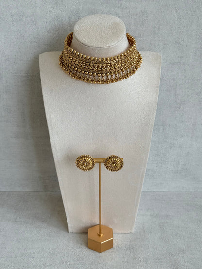 Ayura Designs Tavnoor Choker Set with Stud Earrings – Antique Gold Statement Choker with Traditional Bead Detailing