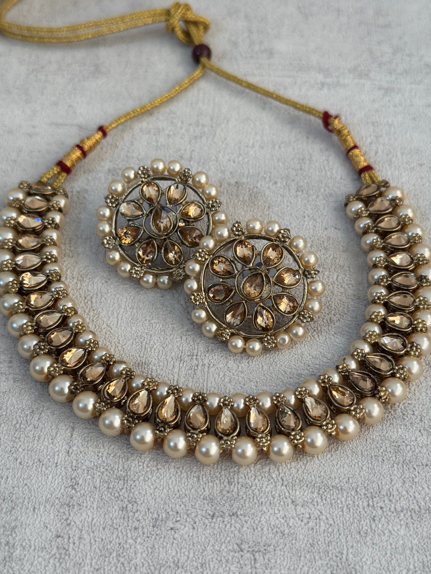 Ayura Designs Hala Set with Studs– Elegant Gold Stones & Ivory Beads