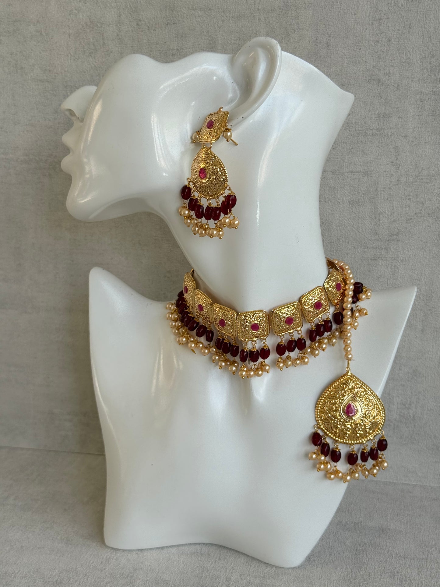 Ayura Designs Chetna Choker Set with Earrings & Tikka – Maroon Beads, Cream Pearl Drops with Pipal Patti Detailing