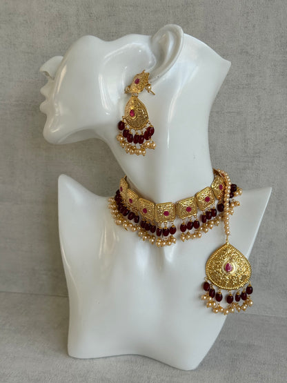 Ayura Designs Chetna Choker Set with Earrings & Tikka – Maroon Beads, Cream Pearl Drops with Pipal Patti Detailing