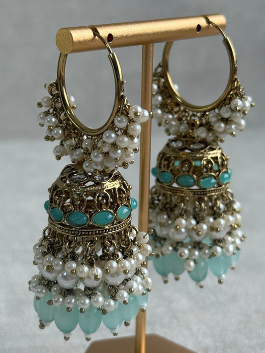 Ayura Designs Jugni Jhumkis – Antique Gold Balis with Aqua Beads & Pearl Clusters