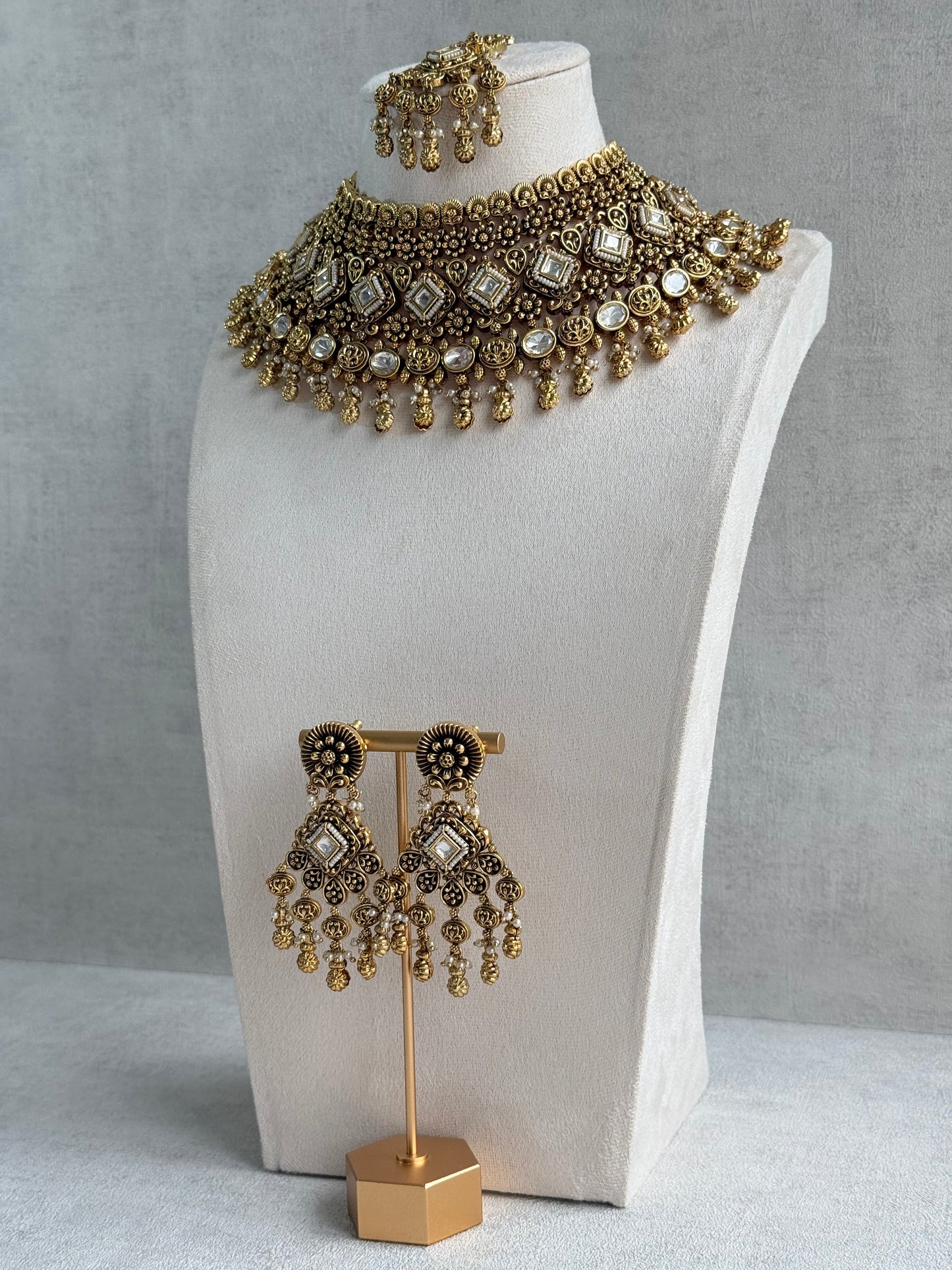 Ayura Designs Ehsaas Bridal Set with Earrings & Tikka – Kundan Stones, Pearls in Antique Gold Finish