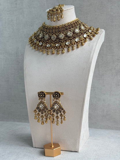 Ayura Designs Ehsaas Bridal Set with Earrings & Tikka – Kundan Stones, Pearls in Antique Gold Finish