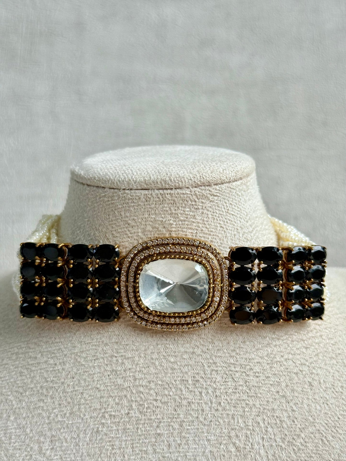 Ayura Designs Emma Choker Set – Black Gemstone Choker & Studs with Mirror-Cut Centrepiece, Pearl Strands & Crystal Borders