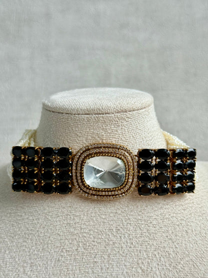 Ayura Designs Emma Choker Set – Black Gemstone Choker & Studs with Mirror-Cut Centrepiece, Pearl Strands & Crystal Borders