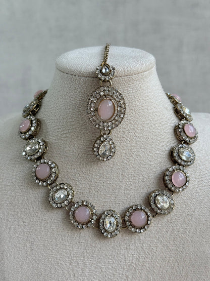 Ayura Designs Eira Necklace Set with Earrings & Tikka – Blush Pink & Crystal Stones with Antique Gold Finish