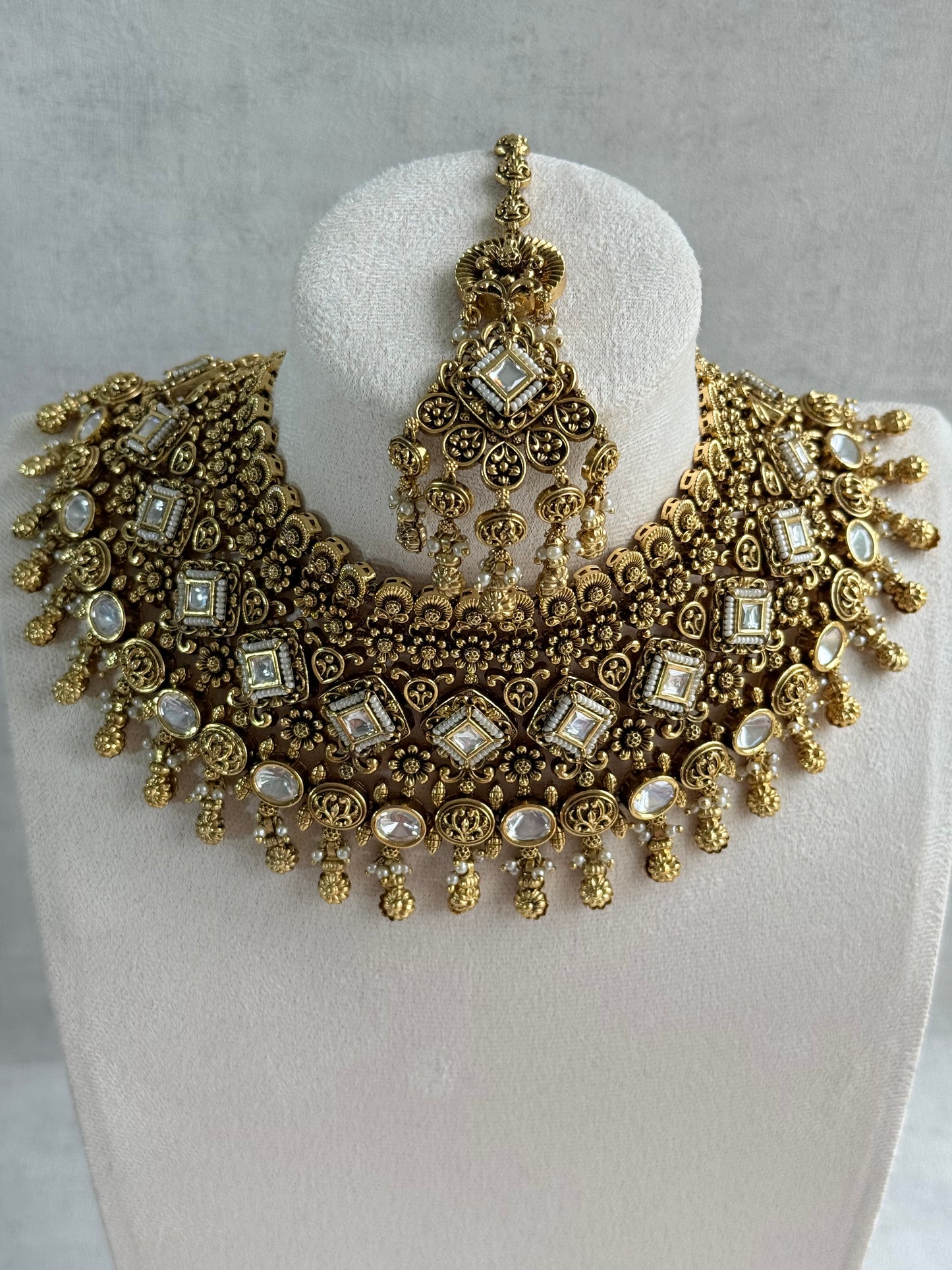 Ayura Designs Ehsaas Bridal Set with Earrings & Tikka – Kundan Stones, Pearls in Antique Gold Finish