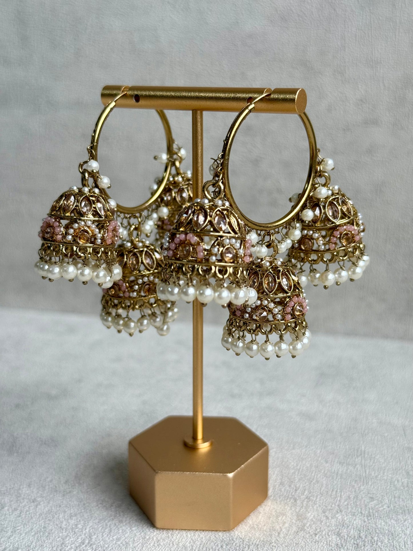 Ayura Designs Nakhra Balis – Blush Pink Triple Dome Earrings with Mirror-Cut Stones & Pearl Detailing
