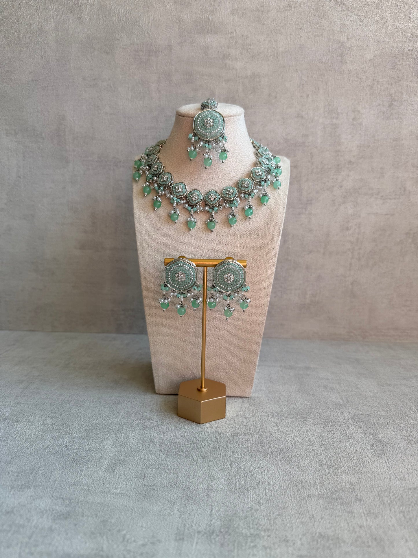 Ayura Designs Nomal Set with Earrings & Tikka – Mint Green Beads, Pearl Detailing & Silver Finish