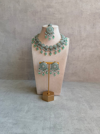 Ayura Designs Nomal Set with Earrings & Tikka – Mint Green Beads, Pearl Detailing & Silver Finish