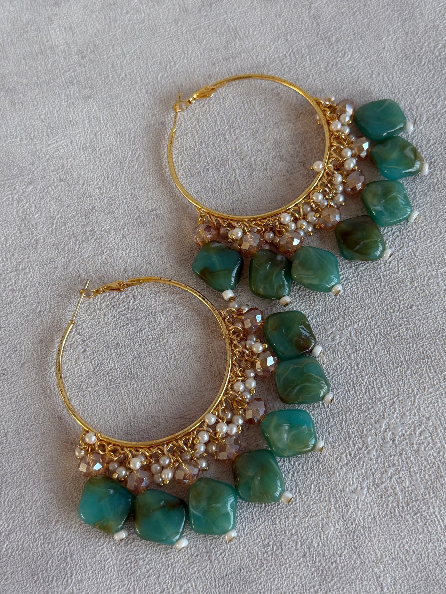 Ayura Designs Heer Balis – Gold Hoops with Jade Green Marble Beads, Pearls & Crystal Detailing