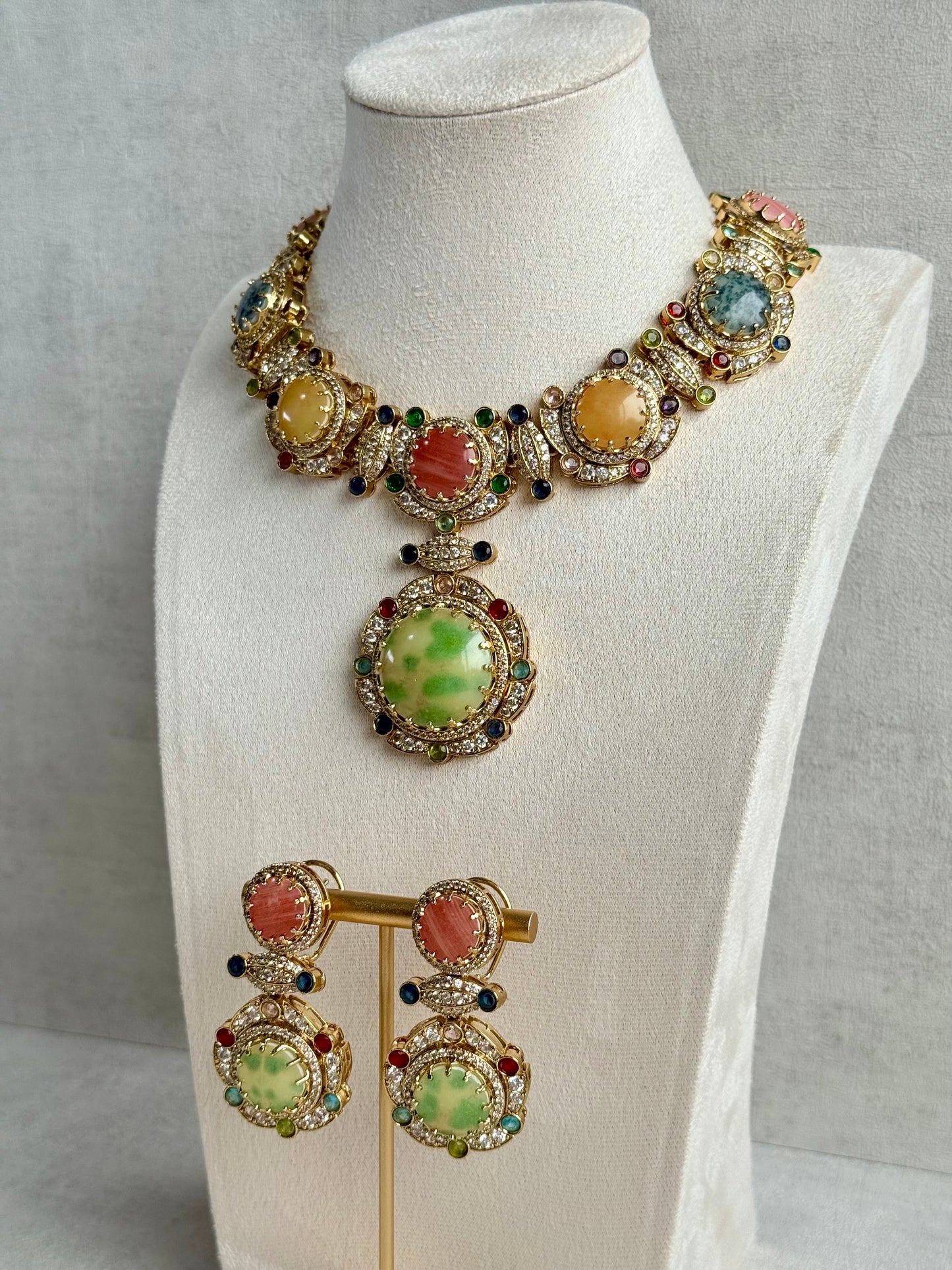 Ayura Designs Akira Set with Necklace & Earrings – Moissanite-Style Crystals with Multicolour Stone Detailing