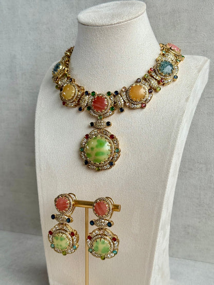 Ayura Designs Akira Set with Necklace & Earrings – Moissanite-Style Crystals with Multicolour Stone Detailing