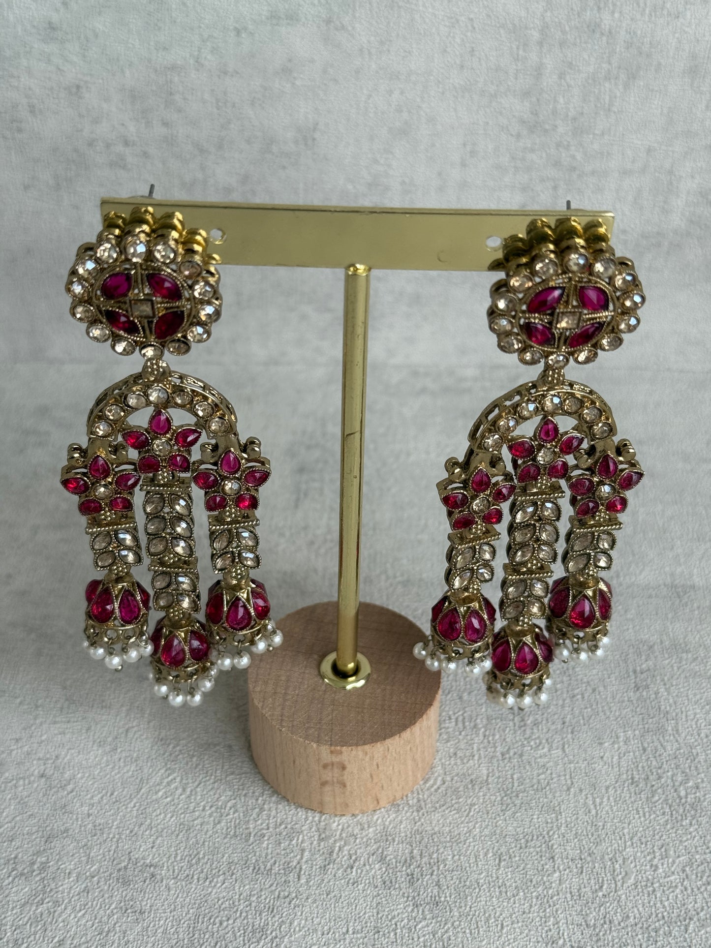Ayura Designs Soraya Earrings – Fuchsia & Champagne Stones with Pearl Drops & Gold Finish