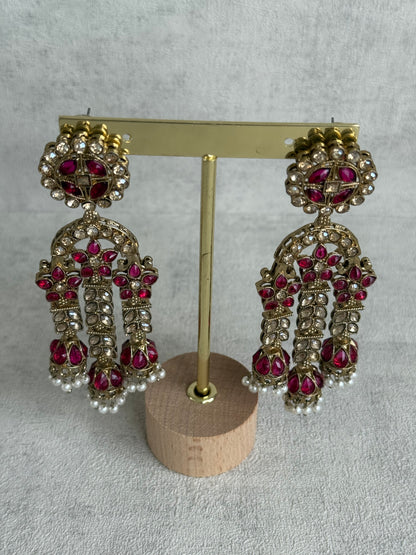 Ayura Designs Soraya Earrings – Fuchsia & Champagne Stones with Pearl Drops & Gold Finish