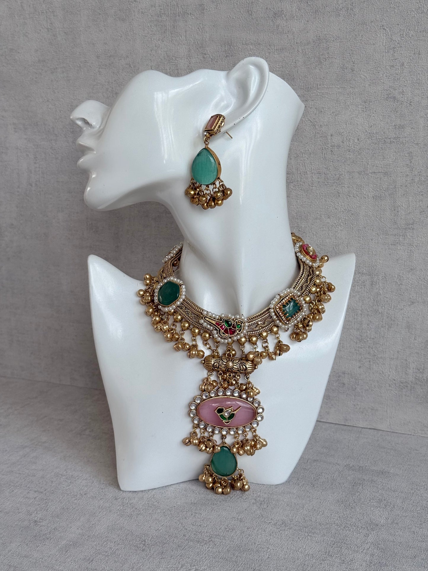 Ayura Designs Ahista Necklace Set with Earrings – Statement Pendant Necklace with Pink & Aqua Green Cat Eye Stones, Pearl Detailing & Ghungroo Accents