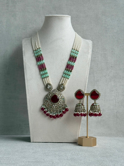 Ayura Designs Brielle Set – Necklace & Jhumkis with Mirror-Cut Stones, Ruby Red, Mint Green & Ivory Pearl Detailing