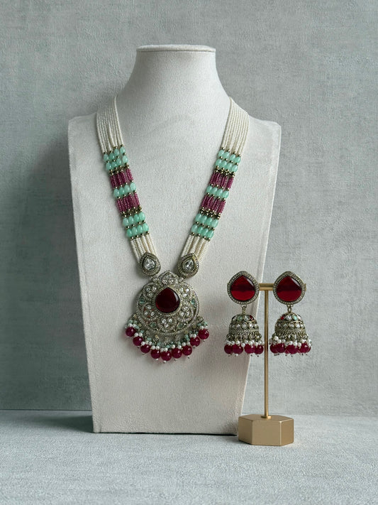Ayura Designs Brielle Set – Necklace & Jhumkis with Mirror-Cut Stones, Ruby Red, Mint Green & Ivory Pearl Detailing