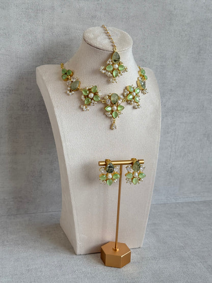 Ayura Designs Zaria Set with Tikka & Earrings – Prehnite with Pearls & Crystals