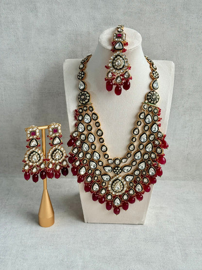 Ayura Designs Zahira Bridal Set with Necklace, Earrings & Tikka – Kundan Detailing with Green Enamel, Ruby Pink Stones & Maroon Bead Drops