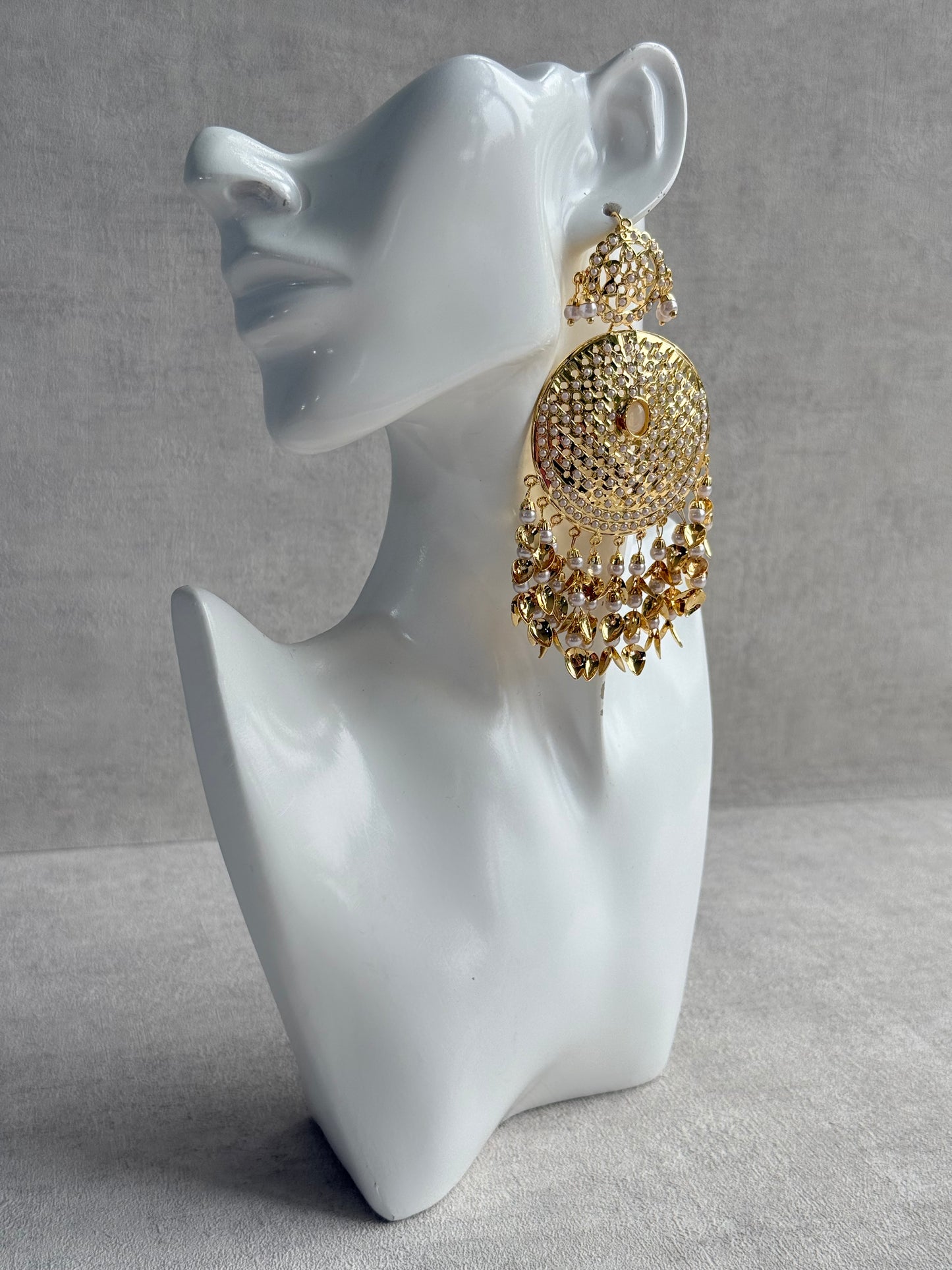 Ayura Designs Seerat Earrings – Ivory Gold Pippal Patti Design with Pearls