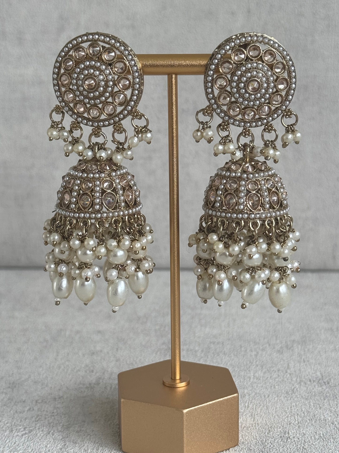 Ayura Designs Noorza Set with Jhumkis and Tikka – Pearl White Stones, Antique Gold & Polki Finish
