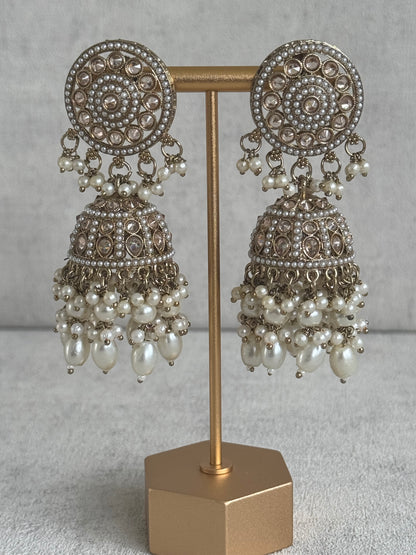 Ayura Designs Noorza Set with Jhumkis and Tikka – Pearl White Stones, Antique Gold & Polki Finish