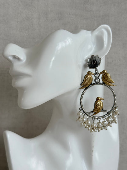 Ayura Designs Wasl Earrings – Dual Tone Oxidised Bird Hoop Earrings with Pearl Clusters