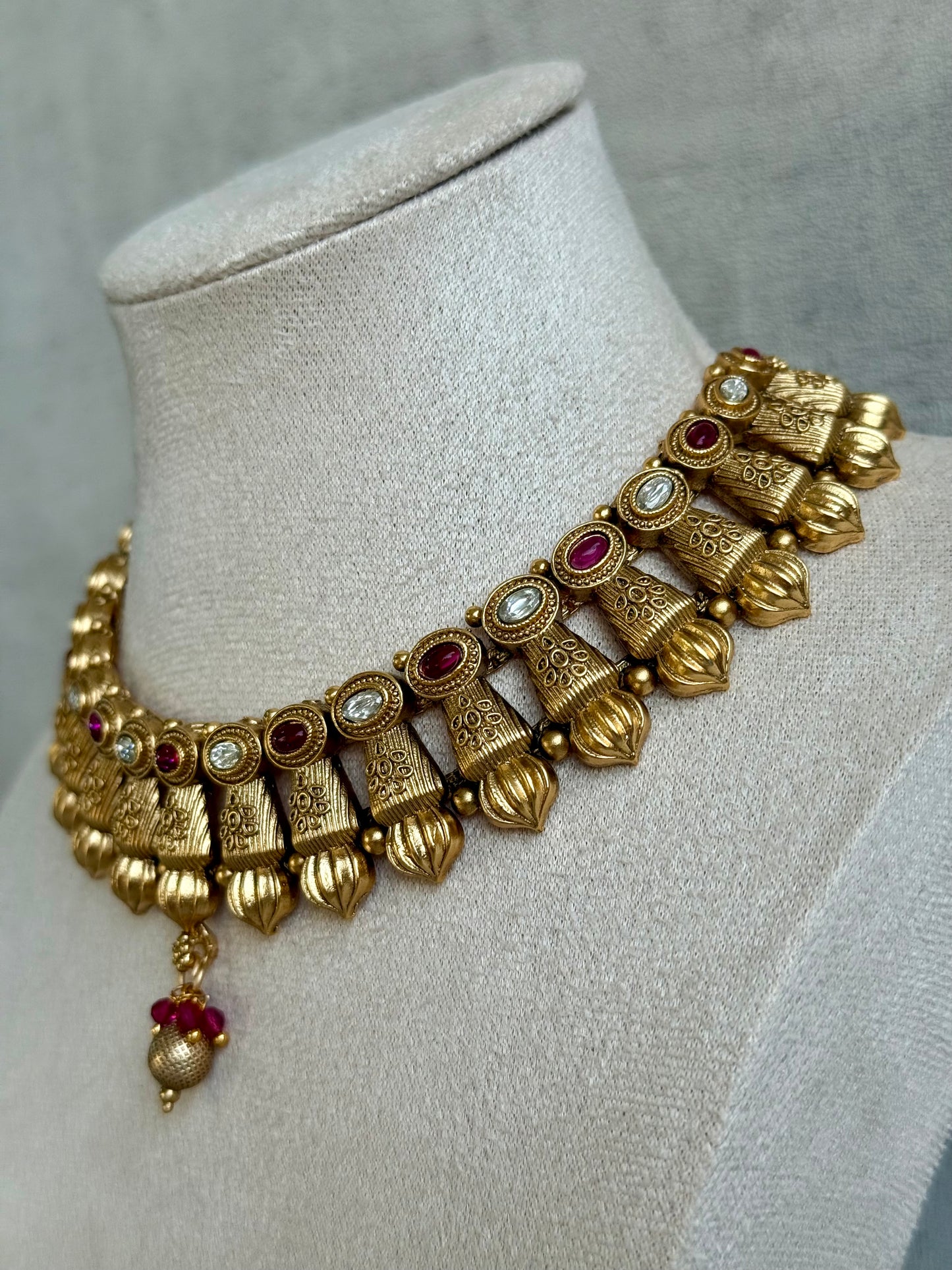 Ayura Designs Aima Necklace Set with Earrings – Antique Gold with Rani Pink Stones