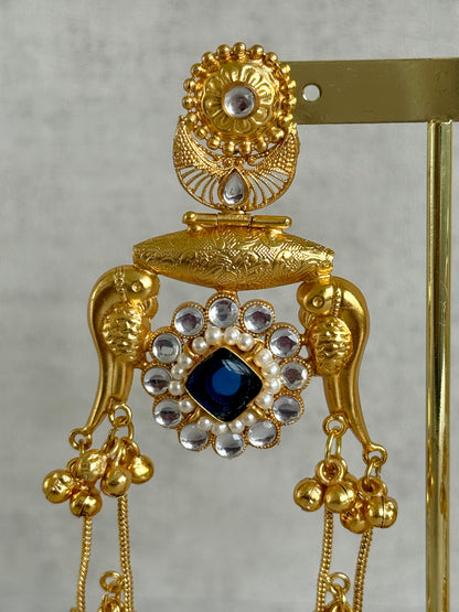 Ayura Designs Meelan Earrings – Antique Gold Earrings with Bird Motifs, Navy Stone & Ghungroo Detailing