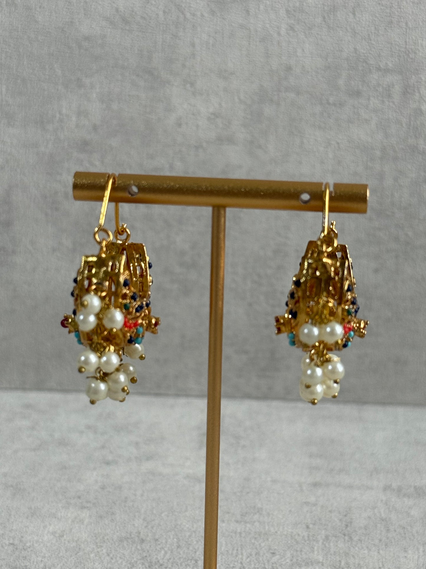 Ayura Designs Rasam Balis – Antique Gold Hoops with Multicolour Stones & Pearl Clusters