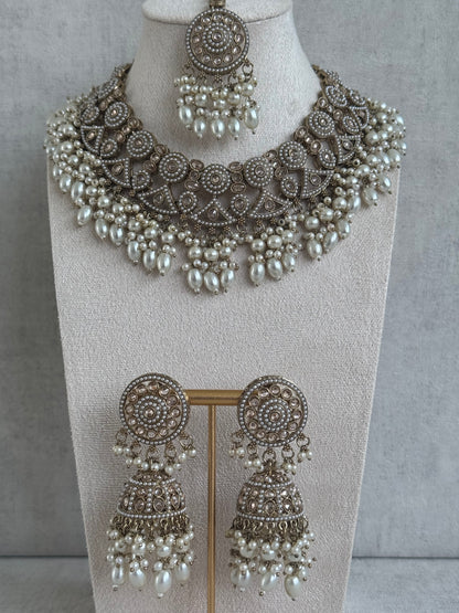 Ayura Designs Noorza Set with Jhumkis and Tikka – Pearl White Stones, Antique Gold & Polki Finish