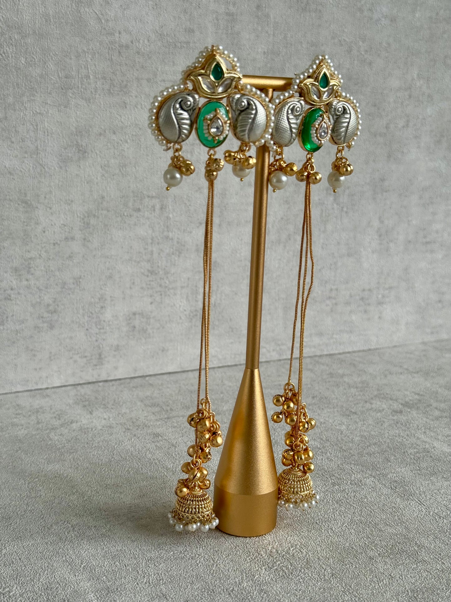 Ayura Designs Sozni Kashmiri Earrings – Meenakari with Emerald Green & Diamond-Cut Detailing