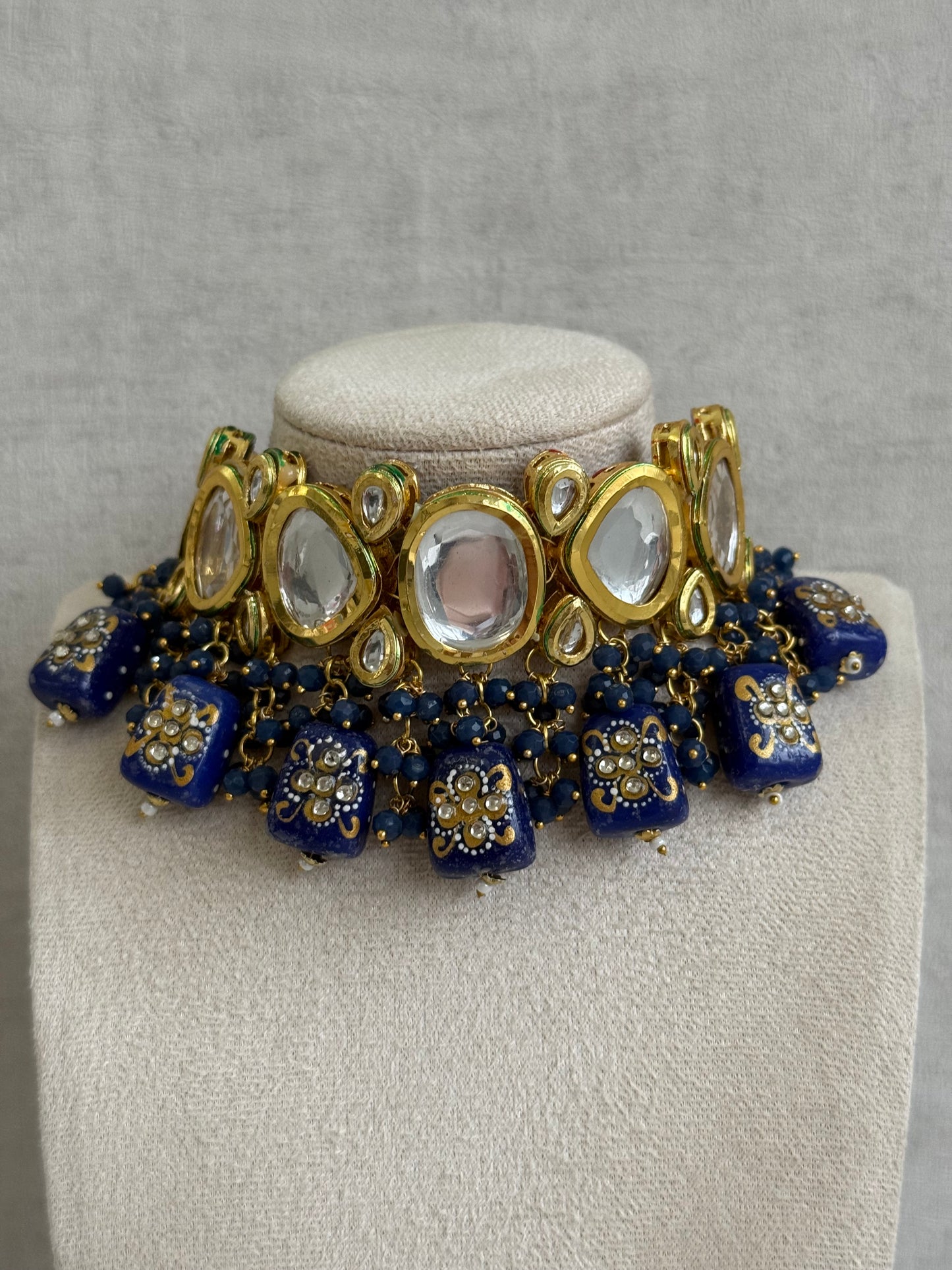 Ayura Designs Gyan Set With Choker And Earrings – Kundan Stones And Navy Blue Meenakari Drops