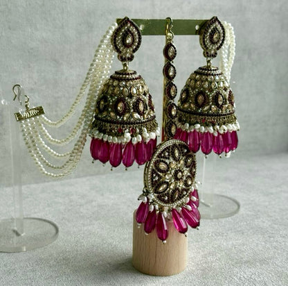 Ayura Designs Amrita Set – Jhumkis with Sahare & Tikka in Magenta, Pearls and Antique Gold Finish