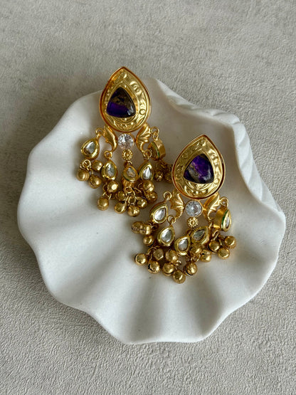Ayura Designs Arheer Earrings – Violet Marble with Kundan Detailing & Antique Gold Ghungroos