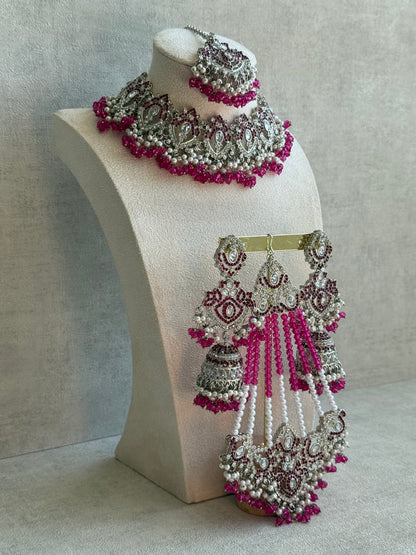 Ayura Designs Wania Set with Jhumkis, Tikka & Passa – Fuchsia Beads, Mirror-Cut Stones & Antique Silver Finish