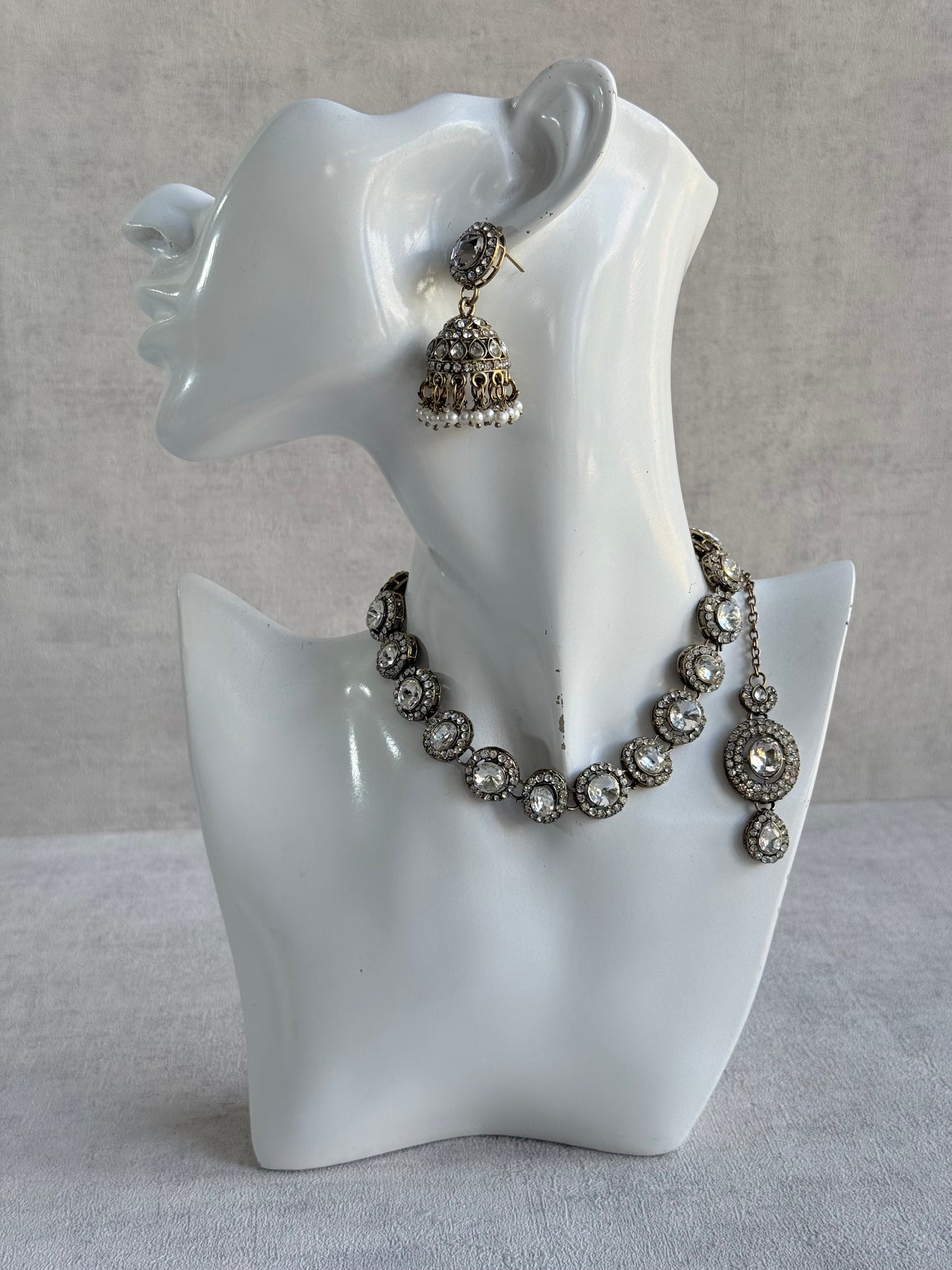Ayura Designs Eira Necklace Set with Earrings & Tikka – Crystal Stones with Antique Gold Finish