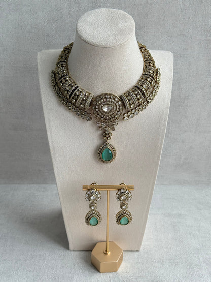 Ayura Designs Ahana Necklace Set with Earrings – Mint Green Teardrop Stones & Moissanite Detailing