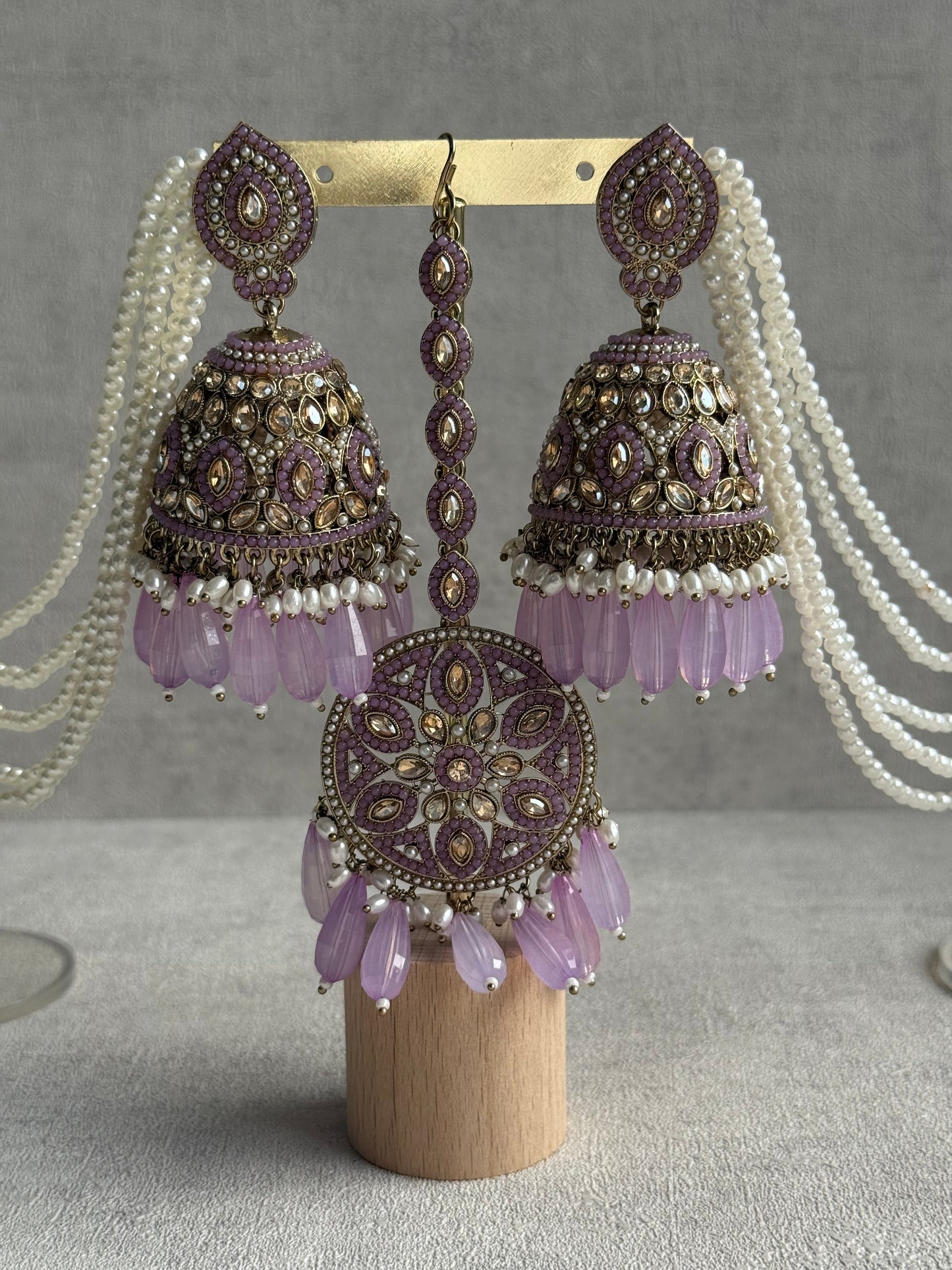 Ayura Designs Amrita Set – Jhumkis with Sahare & Tikka in Soft Lilac Beads, Pearls and Antique Gold Finish